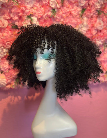 Peluca Sintética Flequillo Afro Negro