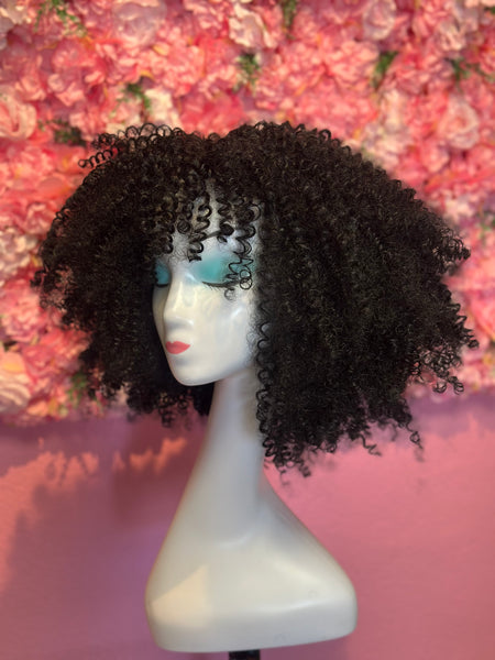 Peluca Sintética Flequillo Afro Negro