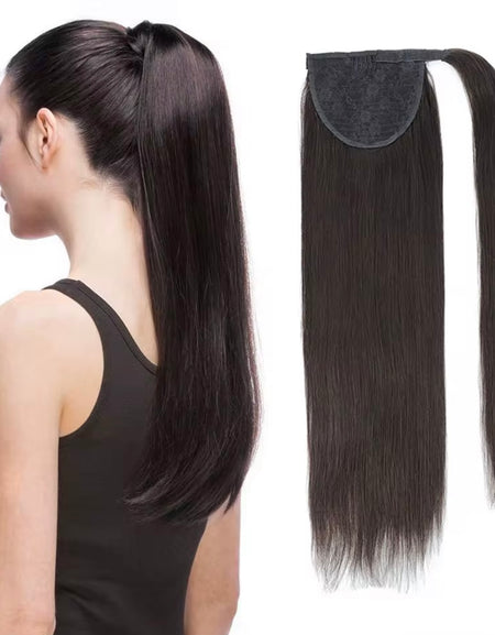 Woman with Raqlyn ponytail and a hair extension on a white background