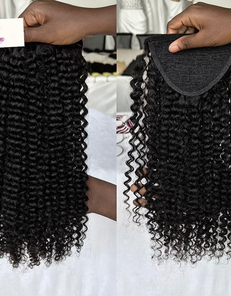 Two images showing hair extensions with Raqlyn brand label in the corner.