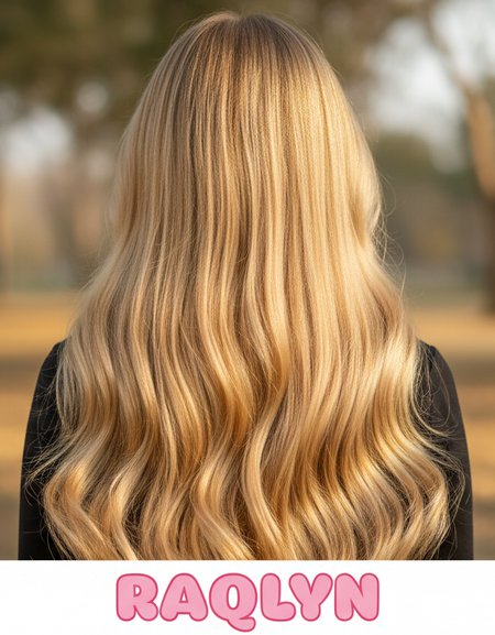 Chica rubia de extensiones  'RAQLYN' branding.