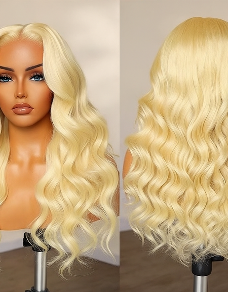 Blonde wig displayed on a mannequin head with a plain background raqlyn